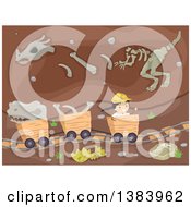 Happy Paleontologist Boy Riding In A Cart Underground With Fossils