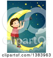 Poster, Art Print Of Brunette White Boy Using A Telescope And Star Gazing On A Crescent Moon In The Clouds