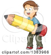 Happy Brunette White Boy Carrying A Giant Pencil