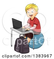 Poster, Art Print Of Happy Blond White School Boy Sitting On An Exercise Ball And Using A Laptop Computer
