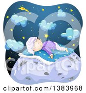 Happy Boy Sleeping On Top Of The Moon With Stars And Clouds In The Background