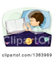 Poster, Art Print Of Brunette White Boy Sleeping Next To An Open Book An Astronomy Blanket Over Him