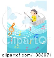 Poster, Art Print Of Happy Boy Fishing From A Paper Boat And Catching Music Notes