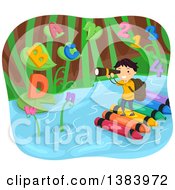 School Boy Standing On A Crayon Raft And Looking Through Binoculars At Giant Plants With Letters And Numbers