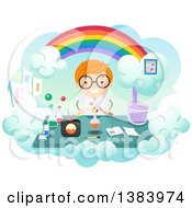 Poster, Art Print Of Happy Red Haired White Boy Conducing A Science Experiment Under A Rainbow