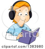 Poster, Art Print Of Happy Red Haired White Boy Wearing Headphones And Reading An Audio Book