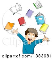 Poster, Art Print Of Happy Brunette White Boy Tossing Up Books
