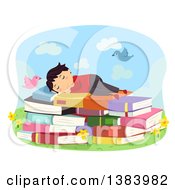 Poster, Art Print Of Brunette White Boy Sleeping On A Bed Of Books Outdoors