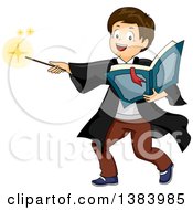 Poster, Art Print Of Brunette White Boy Wizard Holding A Book And Casting A Spell