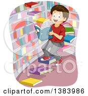 Poster, Art Print Of Happy Brunette White Boy On Floating Book Steps In A Library