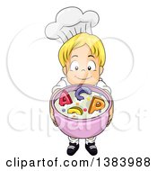 Poster, Art Print Of Blond White Boy Chef Holding Up A Bowl Of Alphabet Soup