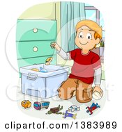 Red Haired White Boy Kneeling And Throwing Toys In A Bin
