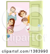 Poster, Art Print Of Brunette Caucasian Family Of Five Peeking Around A Doorway