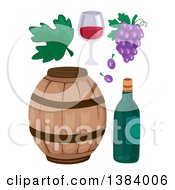 Clipart Of A Wine Barrel Bottle Grapes Leaf And Glass Royalty Free Vector Illustration