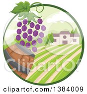 Vinyard Landscape And Building With Grapes And A Barrel In An Oval
