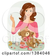 Poster, Art Print Of Happy Brunette White Woman Sewing A Teddy Bear