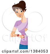Clipart Of A Happy Brunette White Woman Cutting A Fabric Banner Royalty Free Vector Illustration