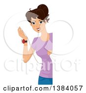 Clipart Of A Happy Brunette White Woman Stitching Up A Fabric Panel Royalty Free Vector Illustration