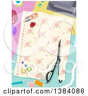 Poster, Art Print Of Pair Of Scissors Cutting Fabric And Sewing Notions
