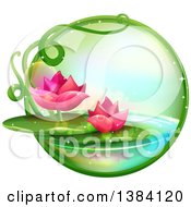 Green Magical Orb With Pink Water Lily Lotus Flowers On A Pond