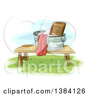 Poster, Art Print Of Sketched Laundry Basin With A Washboard On A Table Outside