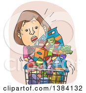 Poster, Art Print Of Cartoon Sweaty Brunette White Woman Struggling With An Overfilled Grocery Cart