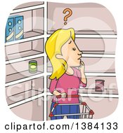 Poster, Art Print Of Cartoon Blond White Woman Confused About Empty Shelves In A Grocery Store