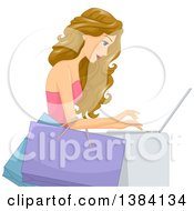 Blond White Woman Holding Shopping Bags On Her Arm And Shoppingon A Laptop Computer
