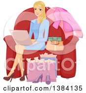 Happy Blond White Woman Sitting On A Chair Surrounded By Bags And Shopping On A Laptop