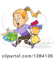 Poster, Art Print Of Cartoon Strawberry Blond White Woman Running With Shopping Bags