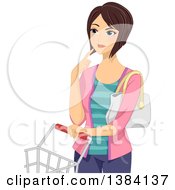 Poster, Art Print Of Brunette White Woman Thinking And Standing With A Shopping Cart