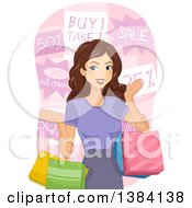 Poster, Art Print Of Happy Brunette White Woman Holding Shopping Bags In Front Of Sale Signs