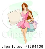 Poster, Art Print Of Sketched Faceless Brunette White Woman In A Pink Dress Holding Shopping Bags And A Blank Sign