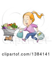 Cartoon Strawberry Blond White Woman Running With A Shopping Cart And Bags Of Groceries