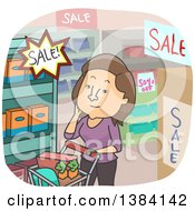 Poster, Art Print Of Cartoon Brunette White Woman Shopping Sales In A Grocery Store