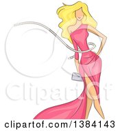 Poster, Art Print Of Sketched Blond White Woman Wearing A Pink Dress A Measuring Tape Circling Her Waist