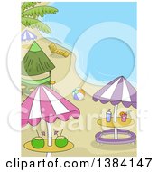 Poster, Art Print Of Beach Party Scene With Umbrellas Tables A Bar And Ball