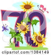 Poster, Art Print Of Seventieth Anniversary Or Birthday Design With Number 70 Butterflies And Sunflowers