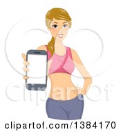 Fit Blond White Woman Holding Out A Phone As If Showing A Fitness App