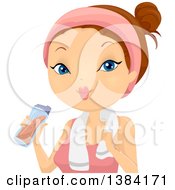 Clipart Of A Brunette White Woman Drinking A Protein Shake After Working Out Royalty Free Vector Illustration