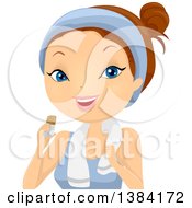 Clipart Of A Brunette White Woman Eating A Protein Bar After Working Out Royalty Free Vector Illustration by BNP Design Studio