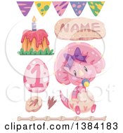 Clipart Of Pink Girly Triceratops Dinosaur Themed Birthday Party Design Elements Royalty Free Vector Illustration by BNP Design Studio