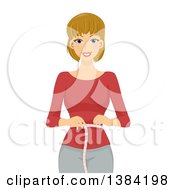 Clipart Of A Happy Blond White Woman Measuring Her Waist Royalty Free Vector Illustration
