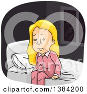 Poster, Art Print Of Cartoon Tired Blond White Woman Sitting On A Bed On A Sleepless Night
