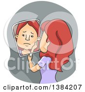 Clipart Of A Cartoon Red Haired White Woman Looking Sad In A Mirror Royalty Free Vector Illustration