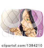 Clipart Of A Sad Refugee Girl Looking Through A Chain Link Fence Royalty Free Vector Illustration