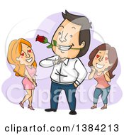 Poster, Art Print Of Cartoon Brunette White Man Being Admired By Two Ladies