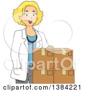 Poster, Art Print Of Happy Blond Female Doctor With Boxes Of Medicine