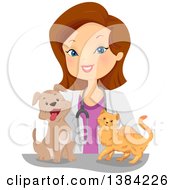 Poster, Art Print Of Happy Brunette White Female Veterinarian With A Cat And Dog