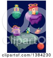 Clipart Of A Futuristic Car Landing On A Rock With Houses Royalty Free Vector Illustration